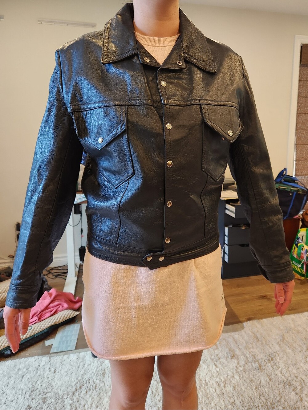 Classic, Vintage Dark Navy Leather Trucker Jacket - Women's